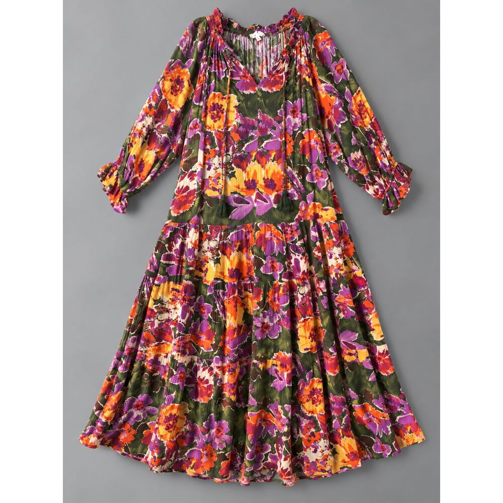 Entro | Womens Long Sleeve Olive Floral Boho Tiered Maxi Dress | Size Medium